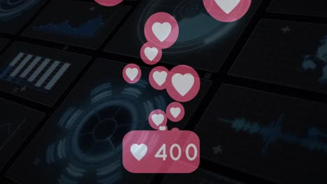 animación digital de múltiples iconos de corazón flotando contra escáneres redondos sobre un fondo negro