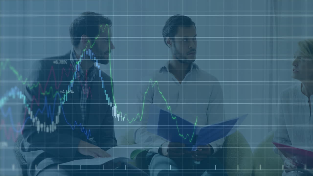 Animation of statistics and financial data processing over business people