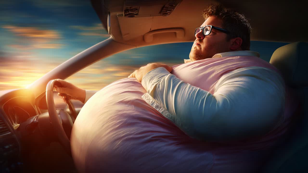 A Captivating Moment Inside a Car: A Person with a Unique Physique, Exhibiting Confidence and Reflection Against a Beautiful Sunset Backdrop While Taking a Drive