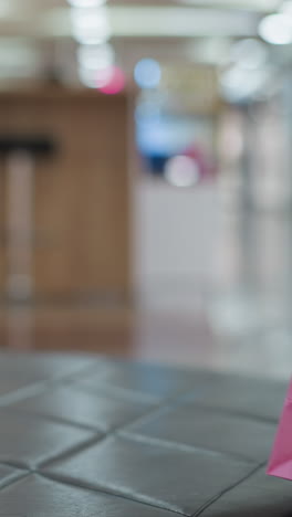 primer plano de bolsas de compras vibrantes en un asiento de cuero, la mano alcanzando para recogerlas en un centro comercial bien iluminado, mostrando la actividad del consumidor y el entorno minorista