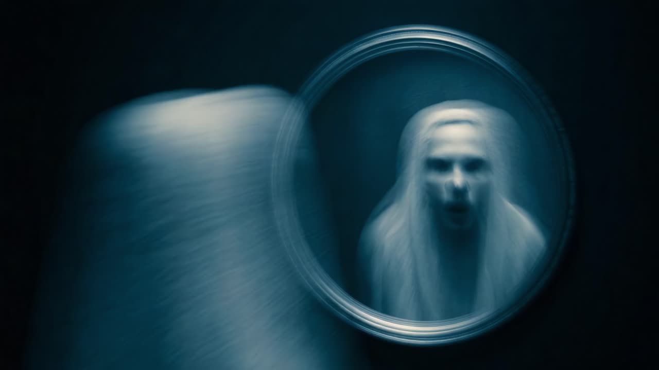 Eerie Reflection: A Haunting Encounter in the Mirror Capturing a Distorted Face with White Hair and an Expression of Shock, Set Against a Dark Background