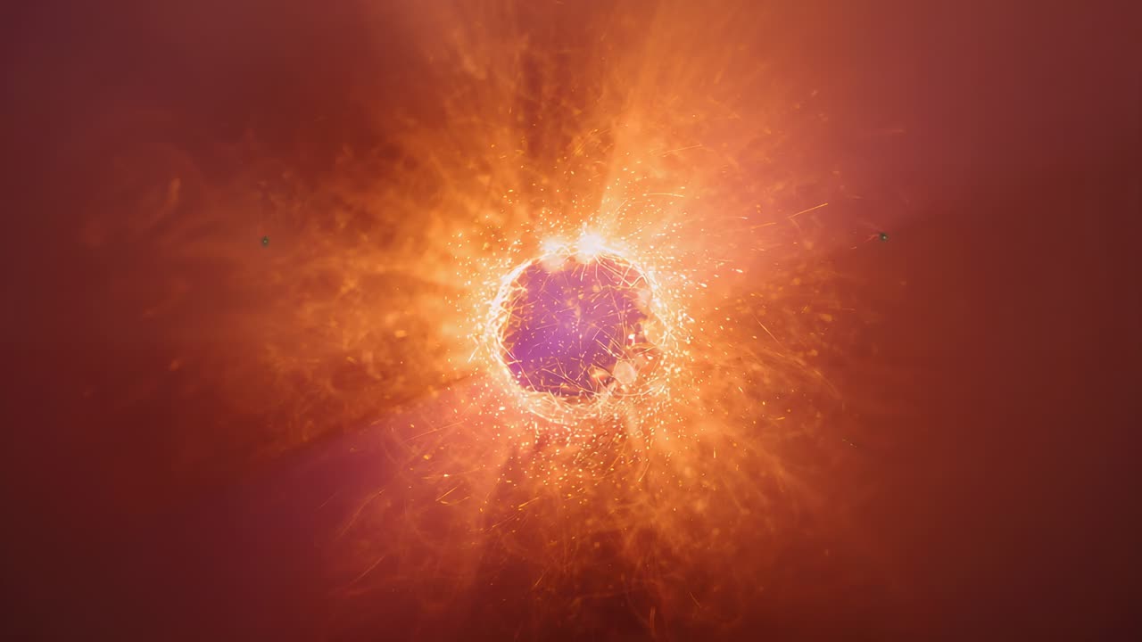 Surge sparking purple core emitting radial rays expanding orange halo and sparks in maroon void
