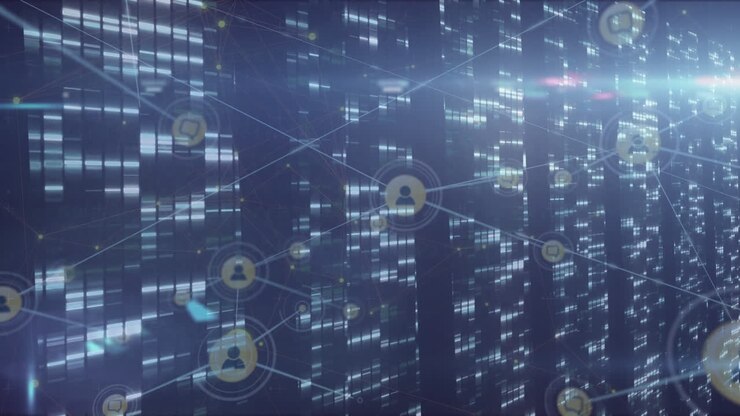 Animation of network of connections with people icons over data processing