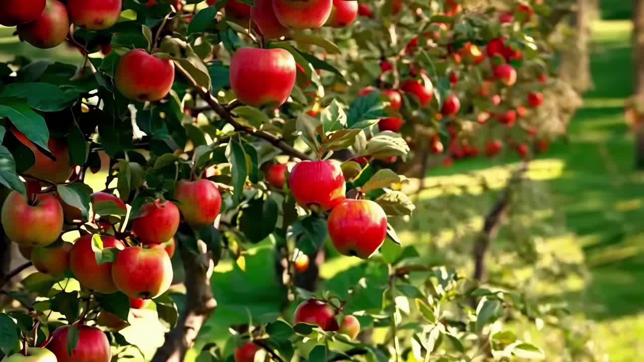 A close-up video of ripe apples on a tree, captured at a low angle