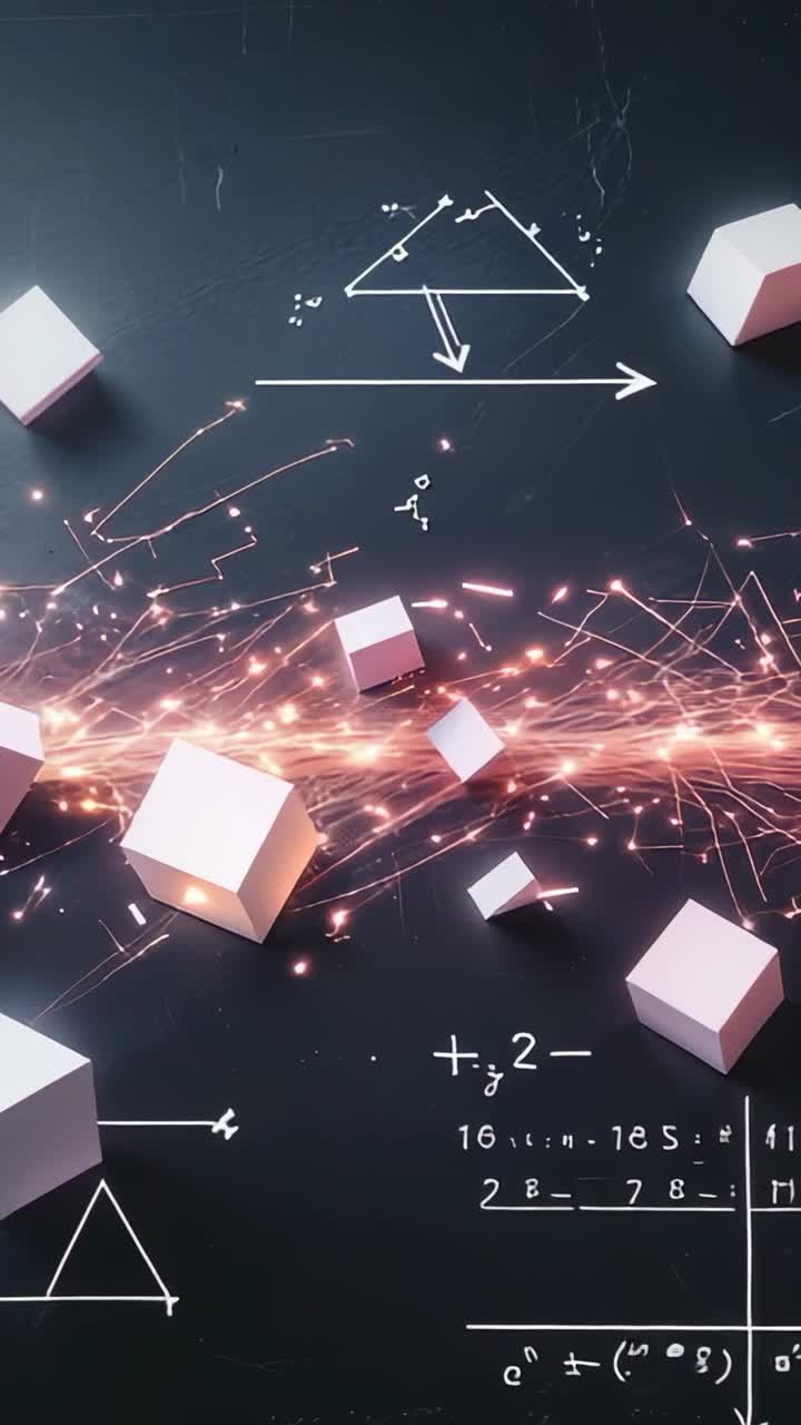 Vertical video: Igniting spark guiding cubes shifting and rotating across chalkboard, with diagrams