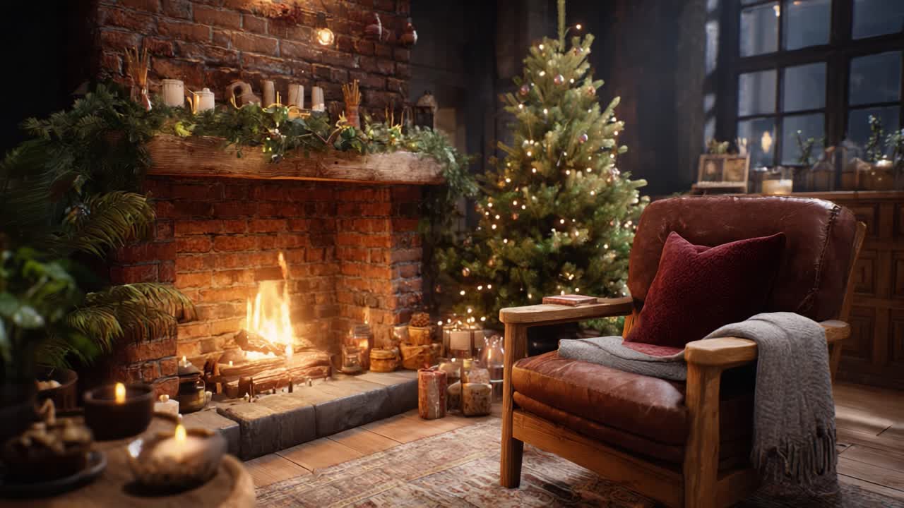Cozy Winter Retreat: A Warm, Inviting Living Room with a Glowing Fireplace, Beautifully Decorated Christmas Tree, and Comfortable Leather Armchair Perfect for Relaxation