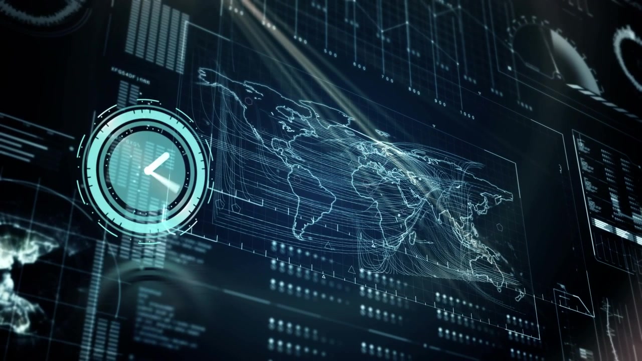 Animation of clock moving over data processing on black background