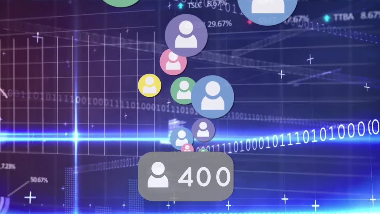 Animation of media icons and data processing on blue background