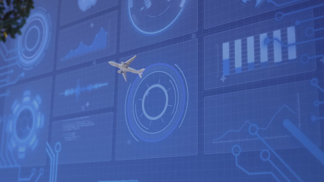3D airplane model hovering over blue grid interface, showing HUD gauges, line graphs and bar charts