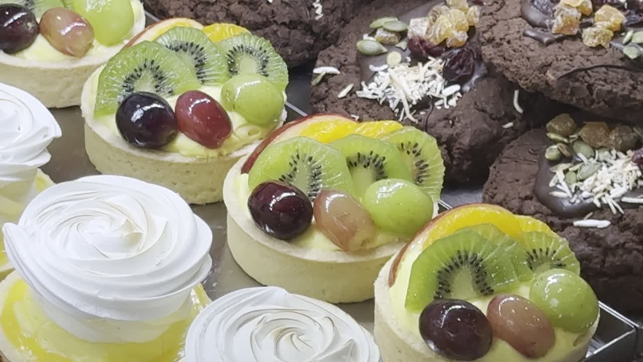 fruit cake in the cupboard, canteen food, close up