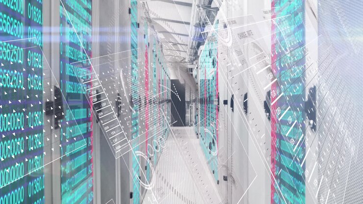 Processing data in modern data center with servers and animated visuals