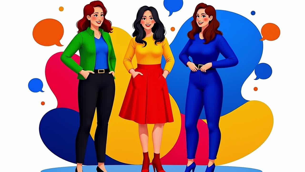 Three women in colorful outfits with speech bubbles