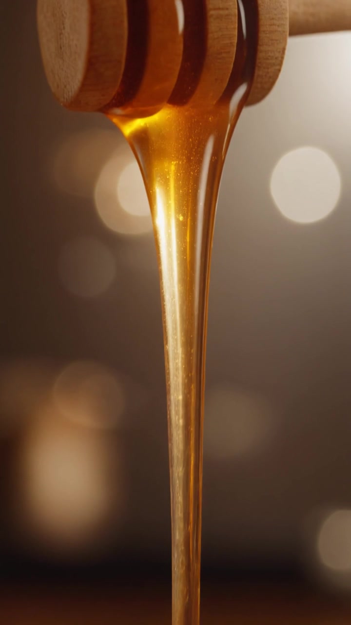 Miele dorato che cola da un dosatore di miele in legno