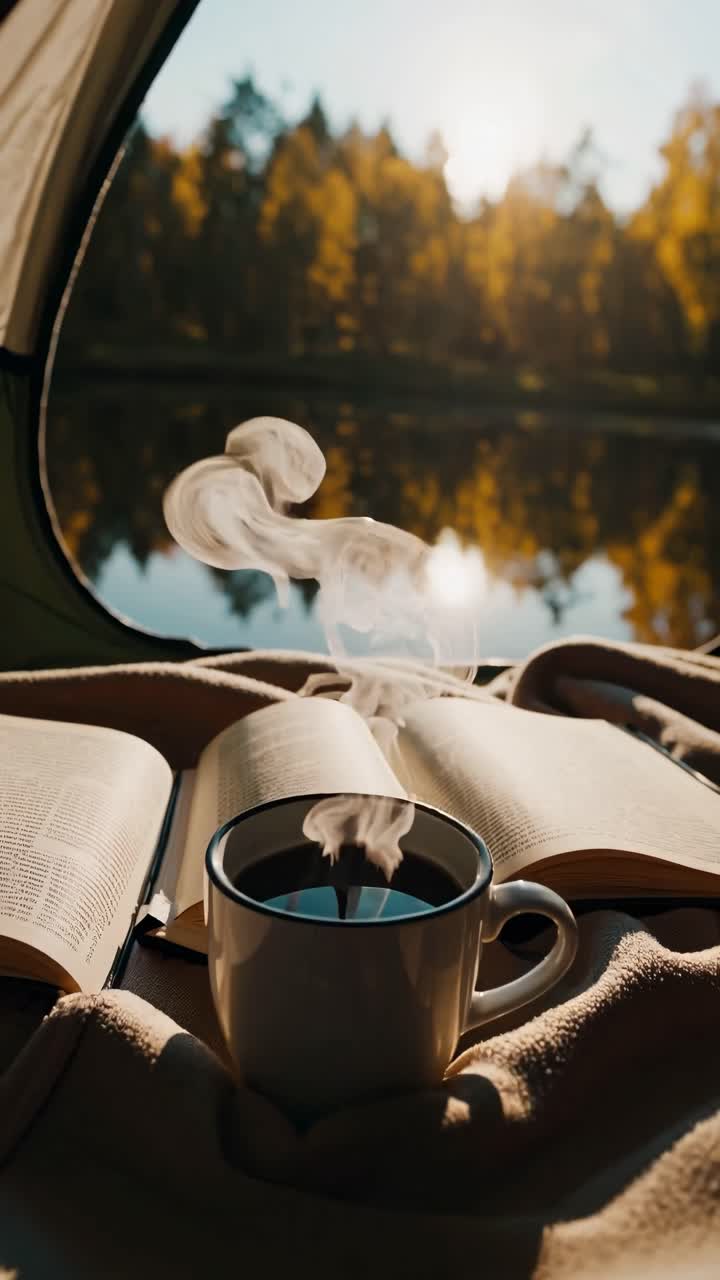 Cozy morning scene from a tent with a steaming coffee cup and open book, overlooking a serene lake