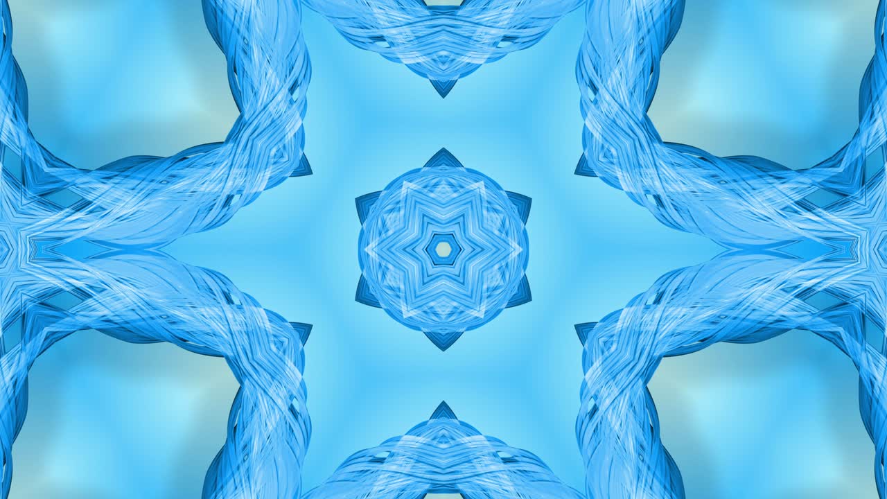 animación en bucle 3d, un fondo abstracto con cintas azules girando y formando estrellas o copos de nieve como con un efecto caleidoscópico.