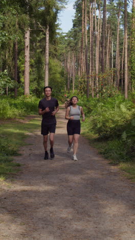 Video-Vertical-De-Una-Pareja-Haciendo-Ejercicio-Al-Aire-Libre-Corriendo-Por-Una-Pista-A-Través-Del-Bosque-Hacia-La-Cámara-Con-Ropa-Deportiva-Filmada-En-Tiempo-Real-2