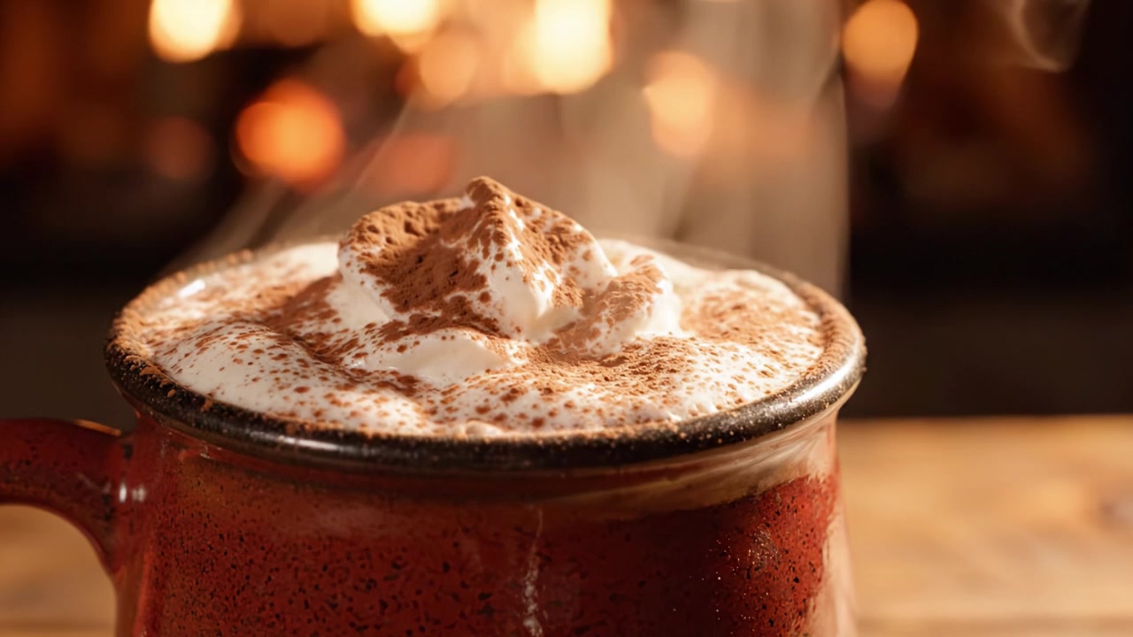 Una tazza fumante di ricca cioccolata calda guarnita con panna montata e una spolverata di cacao, creando un'atmosfera calda e accogliente accanto al camino