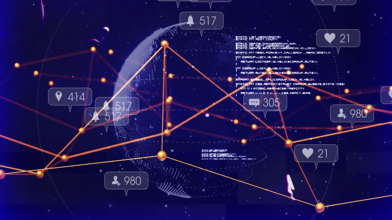Animation of digital data processing and connections over globe on purple background
