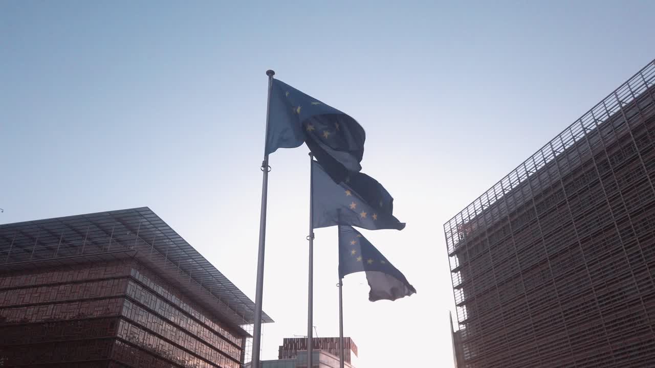 EU flags flutter between Brussels buildings in strong backlight
