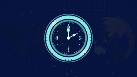 animación del reloj digital sobre el patrón de cuadrícula contra los puntos y el globo en el fondo