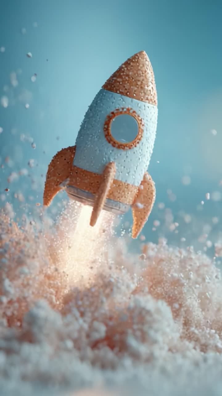 A Vibrant Launch: An Artistic Representation of a Rocket Taking Off from a Dreamlike Landscape of Soft Sand and Colorful Vapors