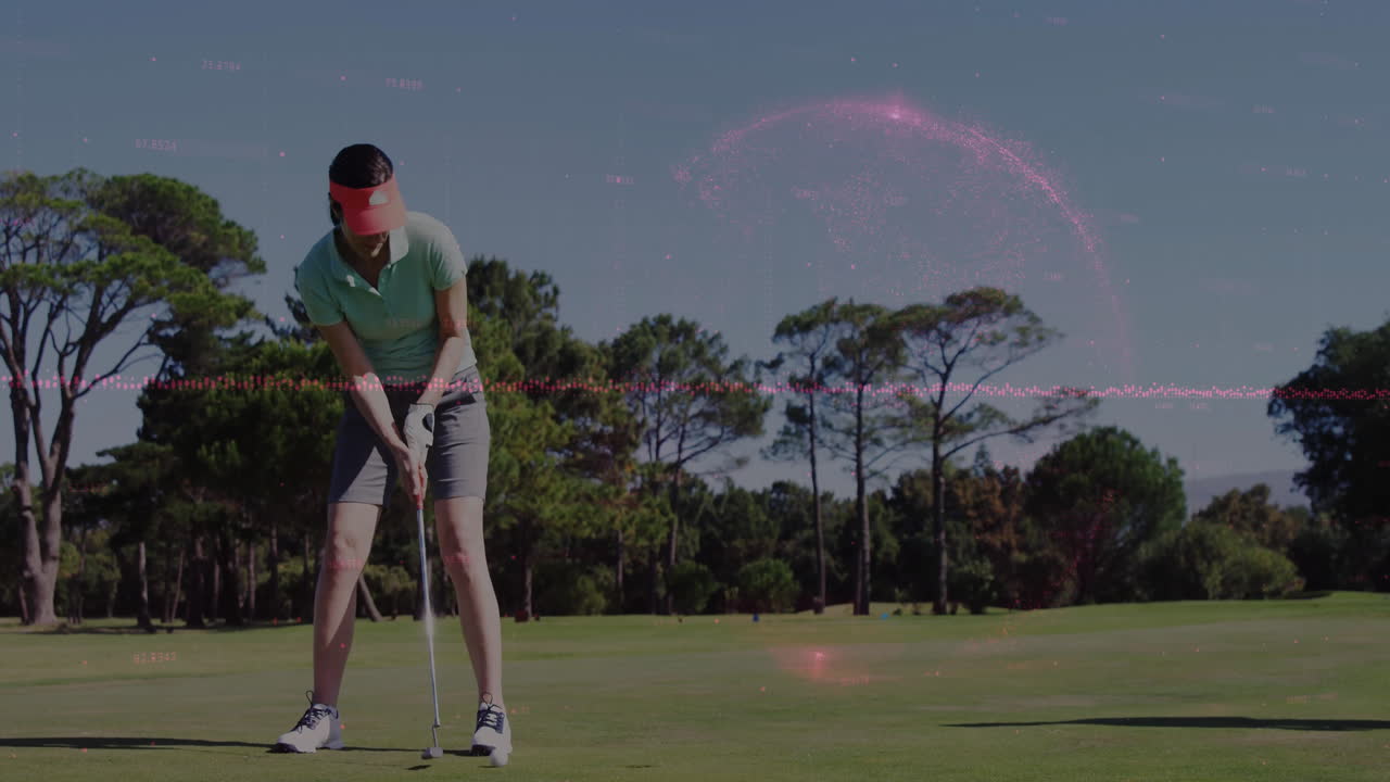 Golfer preparing to putt with digital data animation overlaying scene