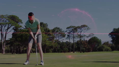 golfer preparing to putt with digital data animation overlaying scene