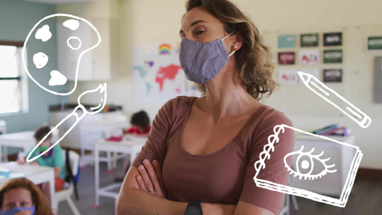 animación de iconos de artículos escolares que se mueven sobre la maestra que usa una máscara facial