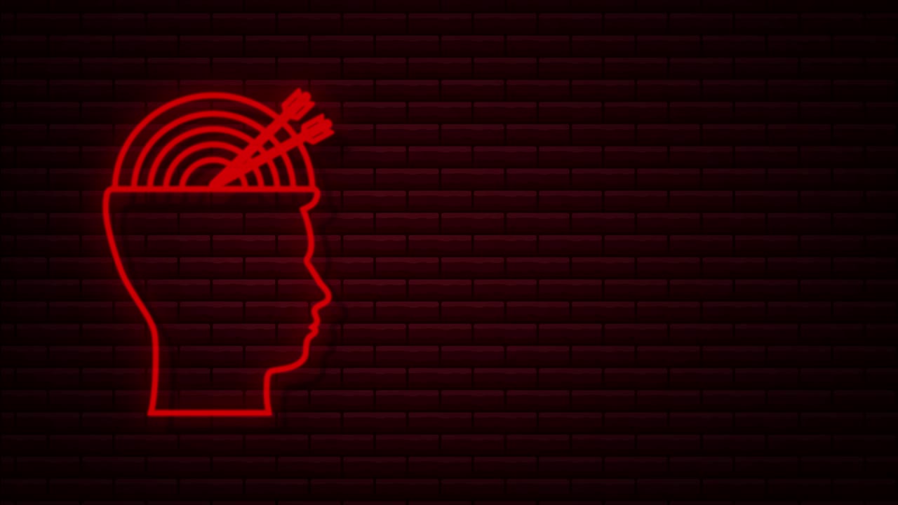 perfil del cerebro objetivo para el diseño médico. neón. estrategia de negocios. gráfico de movimiento