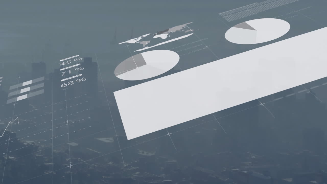 Animation of pie charts overlaying cityscape, illustrating data analysis concept