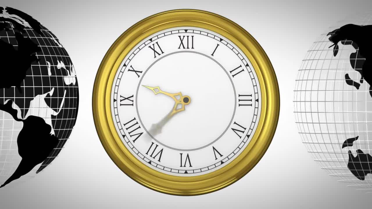 Fast moving clock and globes spinning
