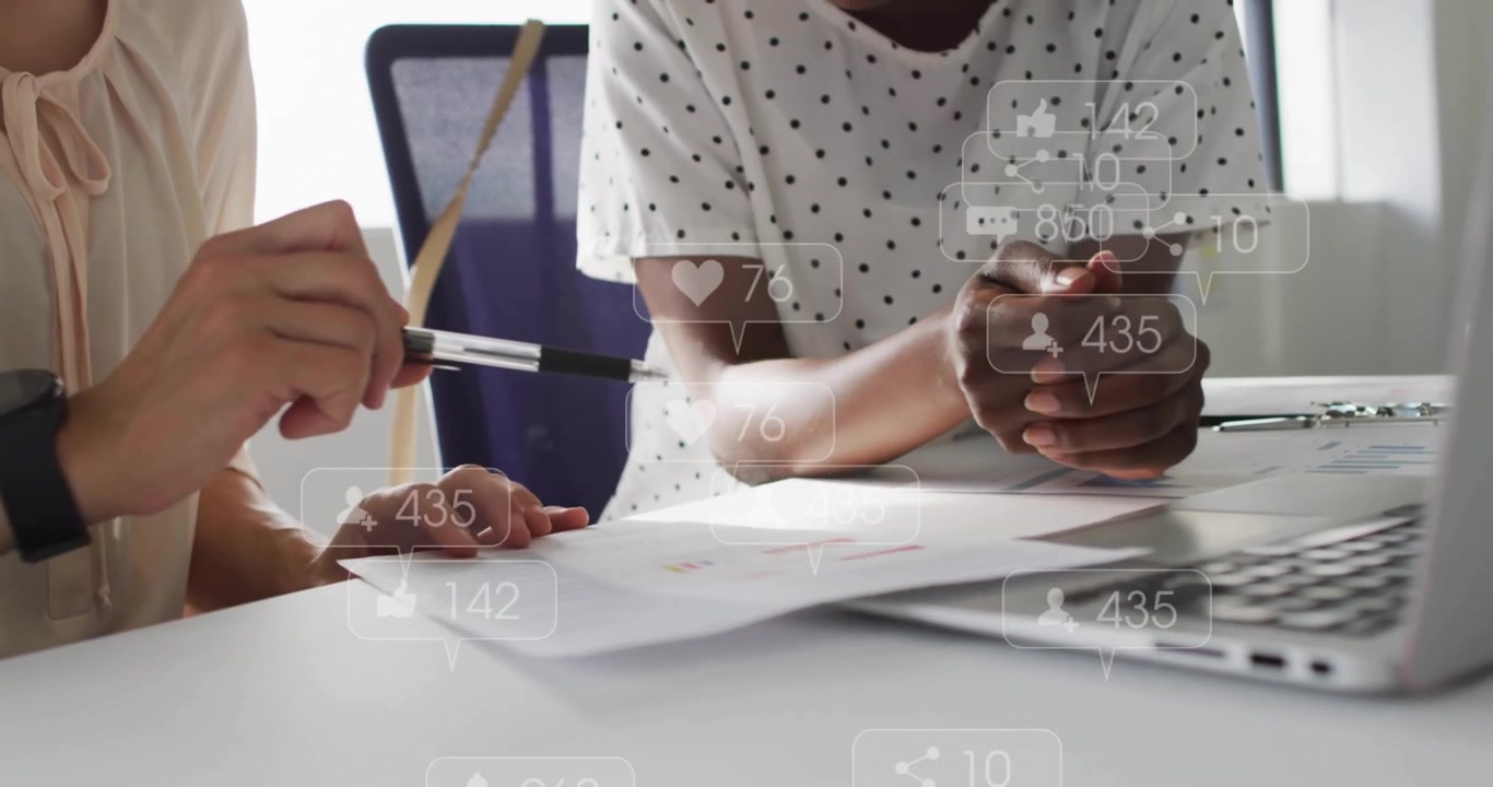 Animation of data processing over diverse business people talking in office
