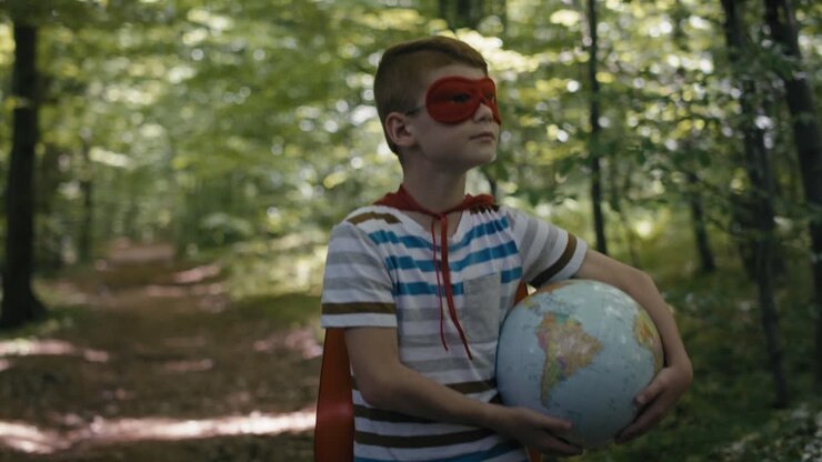 Niño caucásico pelirrojo con disfraz de superhéroe sosteniendo un globo terráqueo y caminando por el bosque