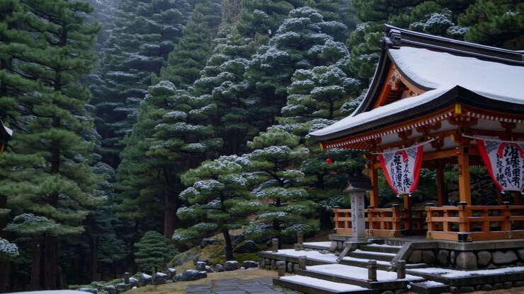 Serena scena di foresta con alberi spolverati di neve, ripresa da un angolo basso
