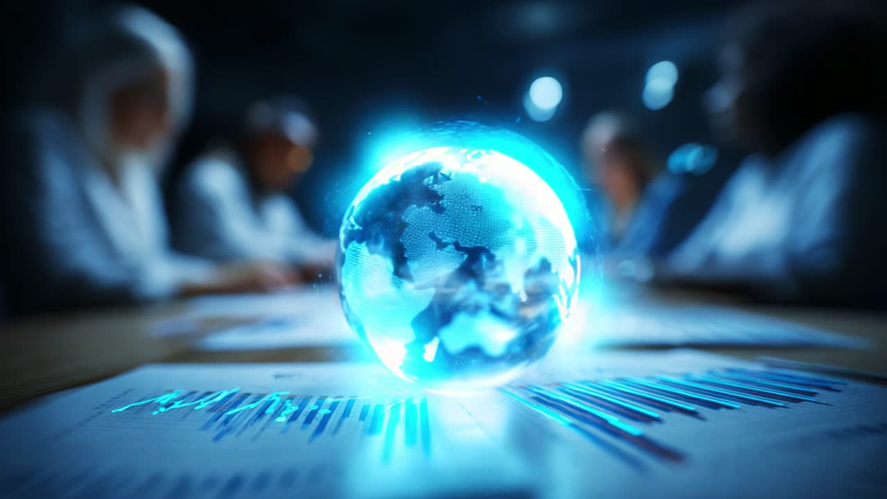 A Captivating Glimpse into the Future: A Dynamic Globe Representing Global Connectivity and Technological Advancements Amidst a Collaborative Meeting Environment