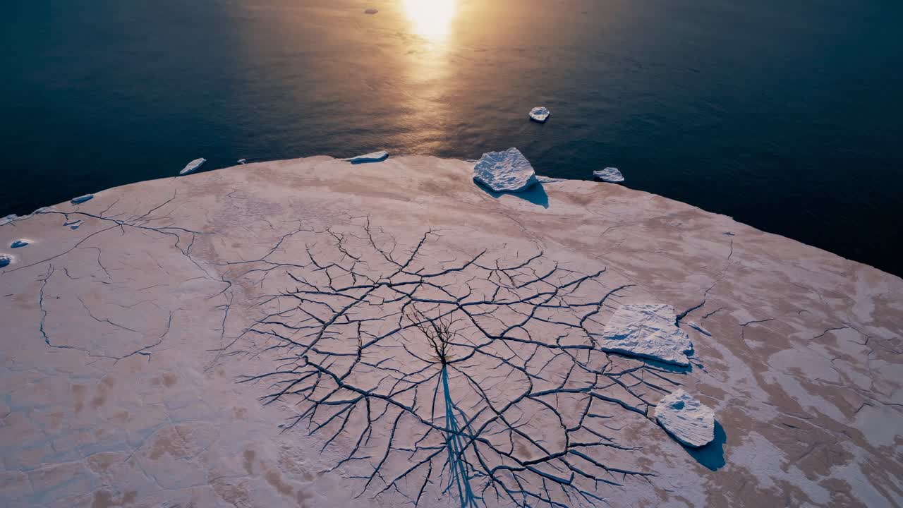 Aerial view of cracked ice resembling a tree on a frozen lake at sunset, creating a serene