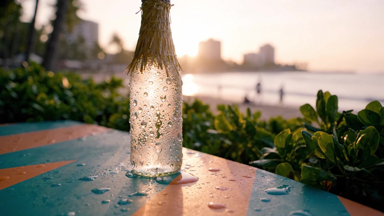 Bevanda rinfrescante in bottiglia che scintilla alla luce del tramonto in un paesaggio balneare con persone che passeggiano sullo sfondo, catturata con goccioline di rugiada sulla superficie della bottiglia