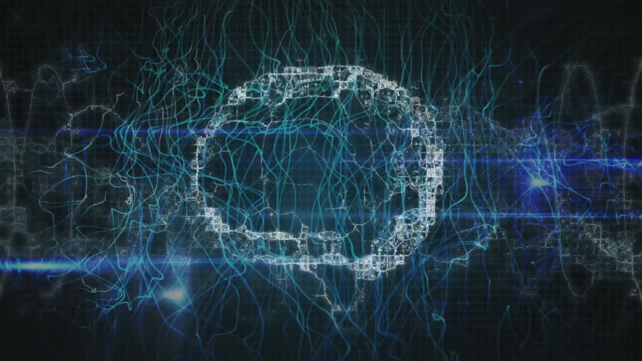 Animation of blue lines over human brain on dark background