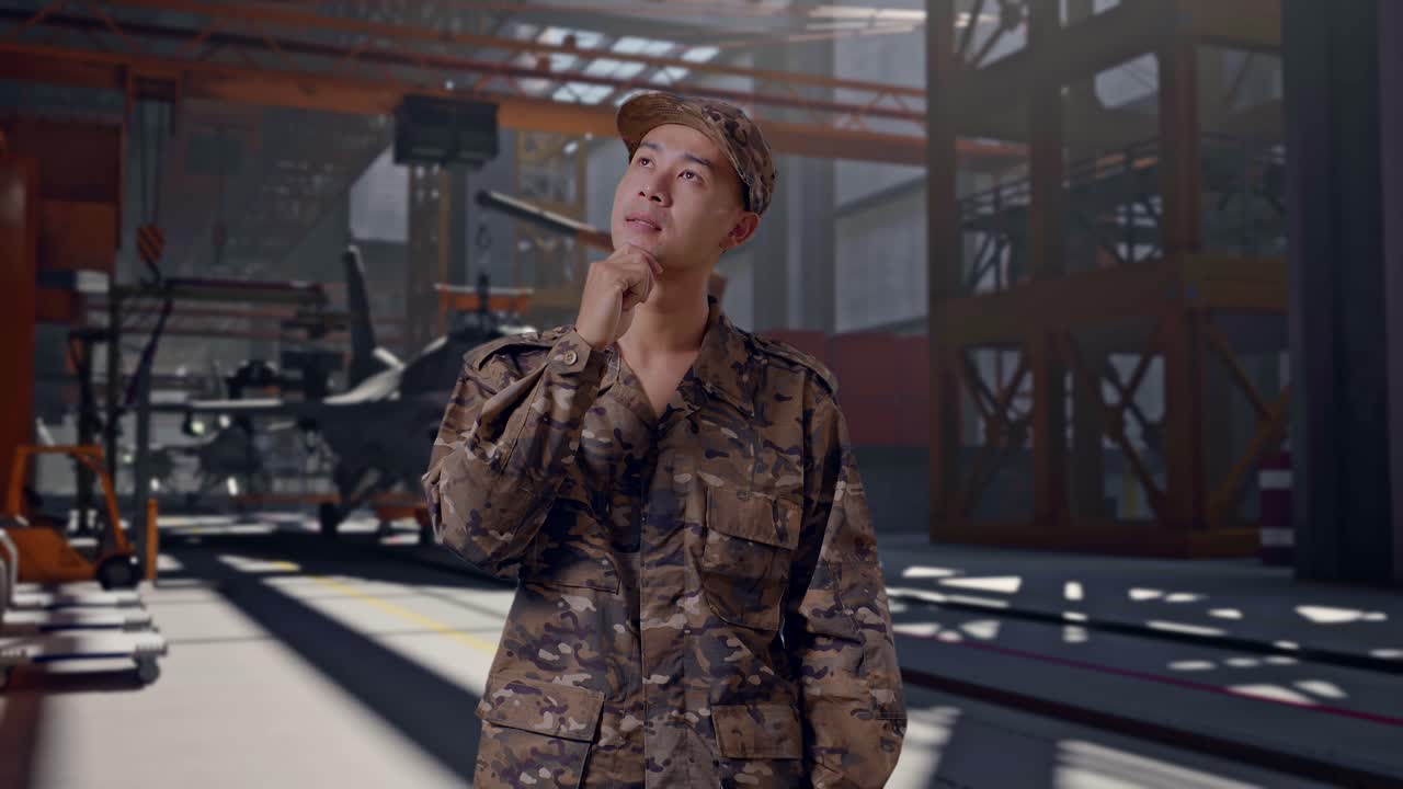 Pensieroso soldato in uniforme mimetica che guarda in alto in un hangar