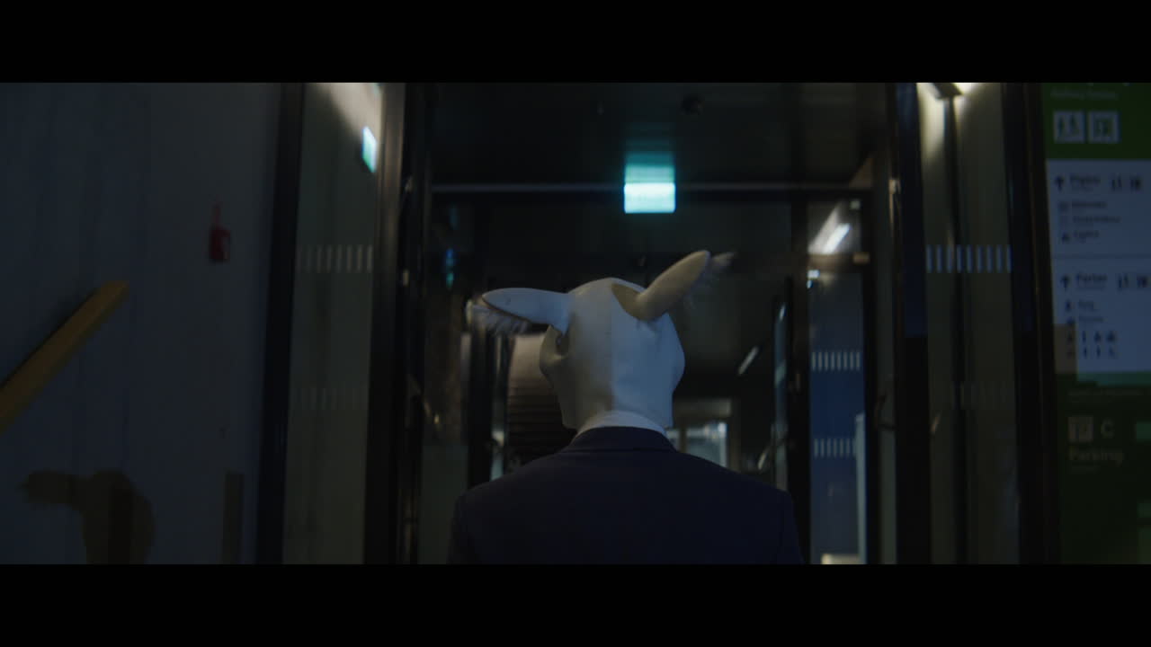 Man walking down a corridor with a rabbit head