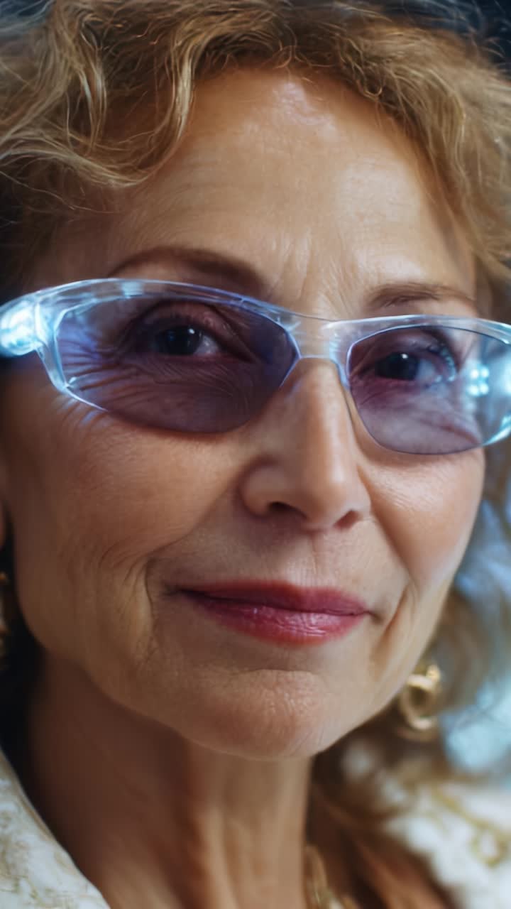 Eine stilvolle ältere Frau, die moderne Mode mit leuchtenden Brillen und elegantem Schmuck in einer Studio-Umgebung präsentiert