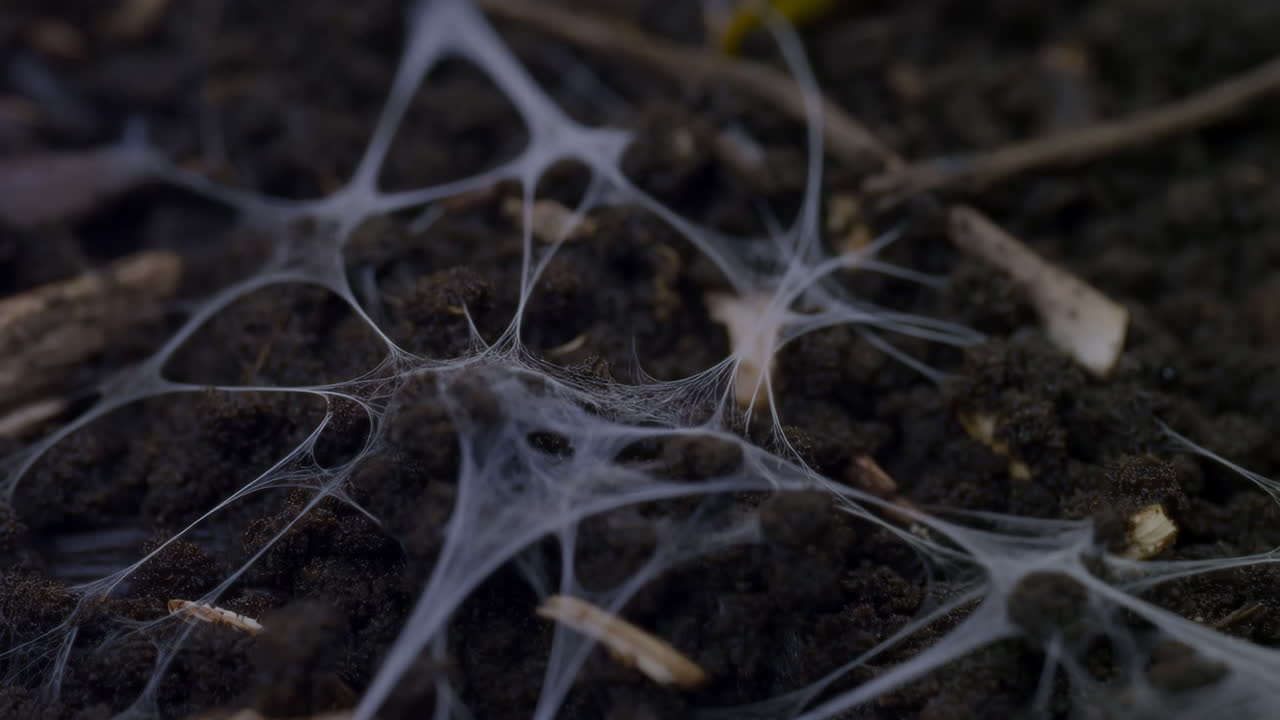 Close-up of spiderwebs on dark soil