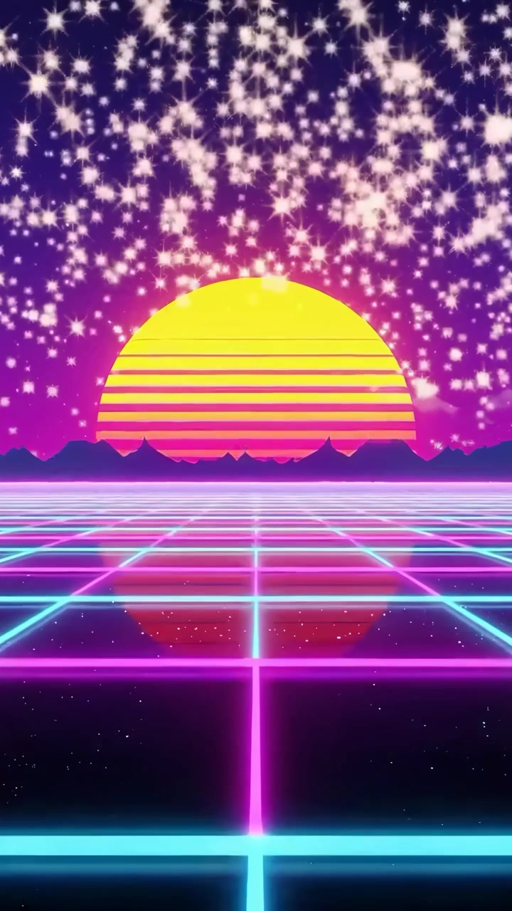 Griglia Neon Synthwave Retrò con Tramonto e Stelle Scintillanti