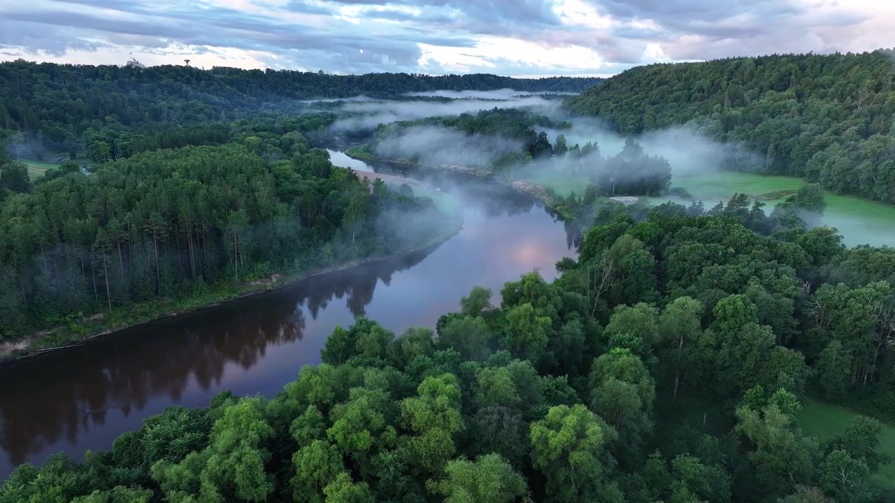 Aerial view of the Gauja River winding through a forested valley with low mist over the water and surrounding meadows
