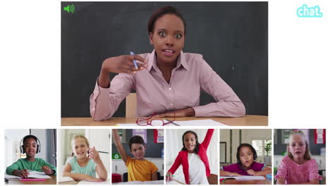 animation of video call screens of chalkboard and diverse teacher and children having online lesson