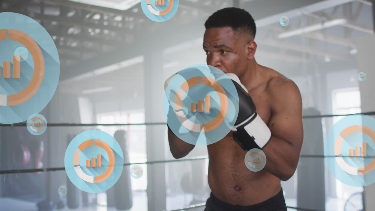 animación de iconos de gráficos sobre un boxeador afroamericano practicando golpes en el ring