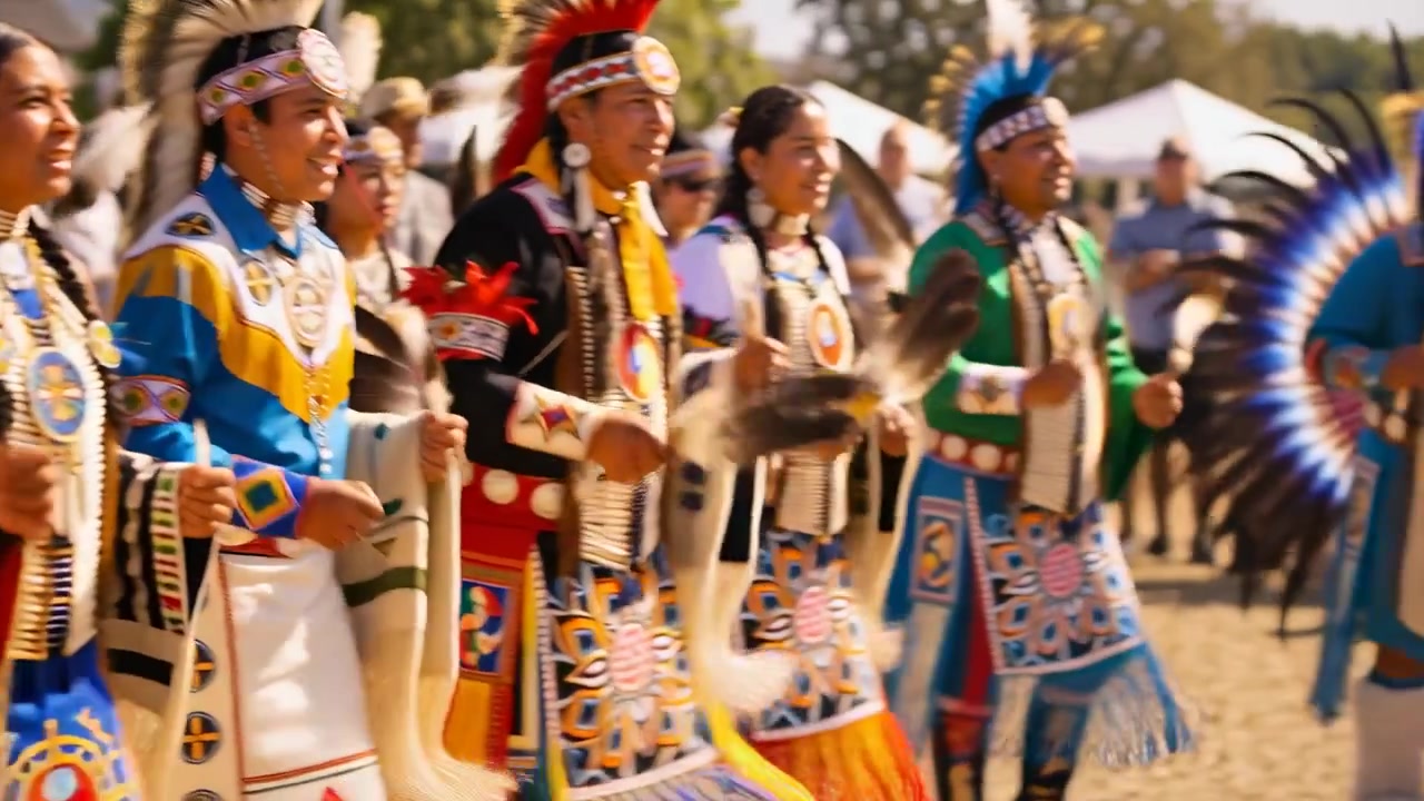 Fila de danza indígena dando pasos con atuendos tradicionales después de un cambio de peso en un powwow, mostrando abanicos de plumas y adornos de espalda.