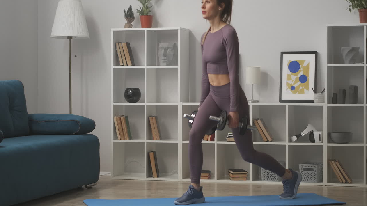 mujer atlética está en cuclillas con pesas en las manos en casa manteniéndose en forma y perdiendo peso fitness y bienestar trabajando los músculos del culo