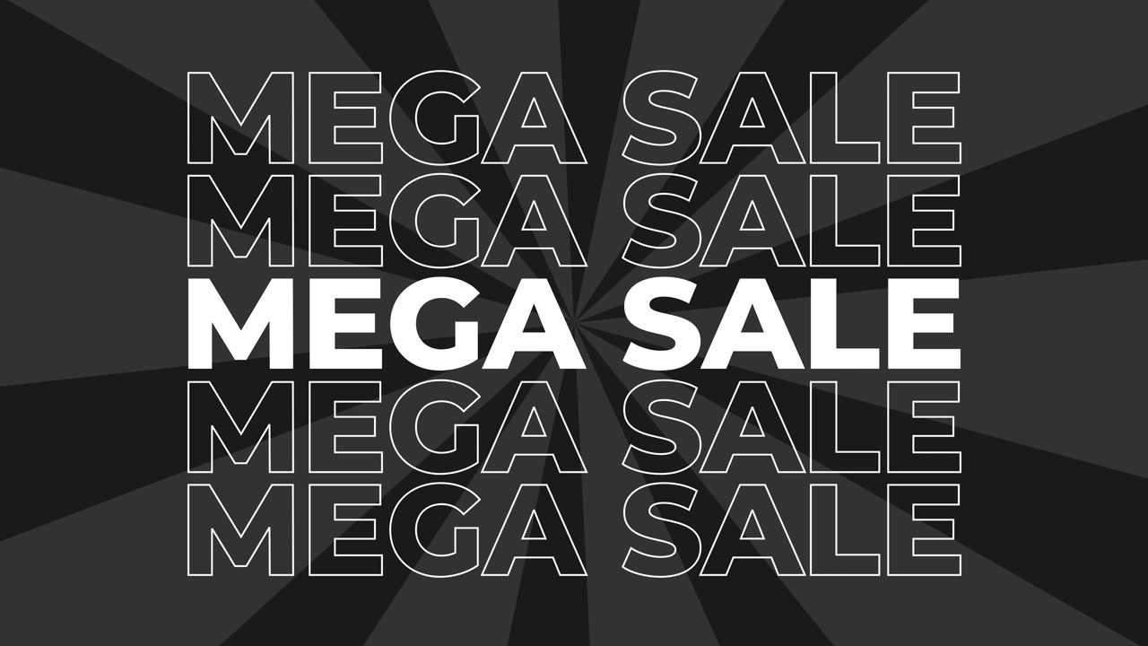 Megasalg 2D typografi tekst animationsgrafik med spiralformet farvet digital baggrund, detailhandelspromovering og salgs-slogans, produktreklamer, dynamiske bevægelseseffekter i farverne grå og sort