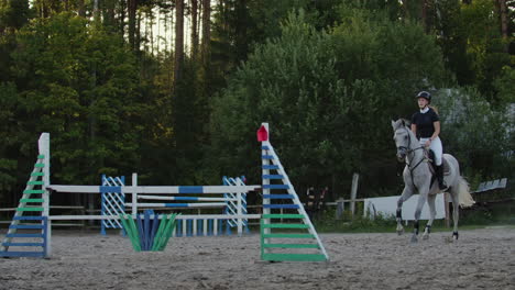 Junge-Frau-Springt-Während-Ihres-Trainings-In-Einer-Arena-Mit-Pferd-über-Ein-Hindernis.-Junge-Frau-Springt-Während-Einer-Veranstaltung-In-Einer-Arena-Mit-Pferd-über-Ein-Hindernis.-Sport.-Ziele